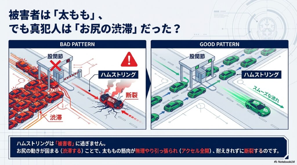 なぜハムストリングの肉離れをするのかを解説したスライド