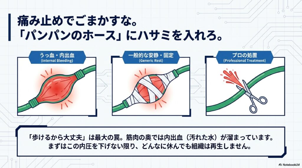 ハムストリングのうっ血をどのように処置していくのかを説明した図